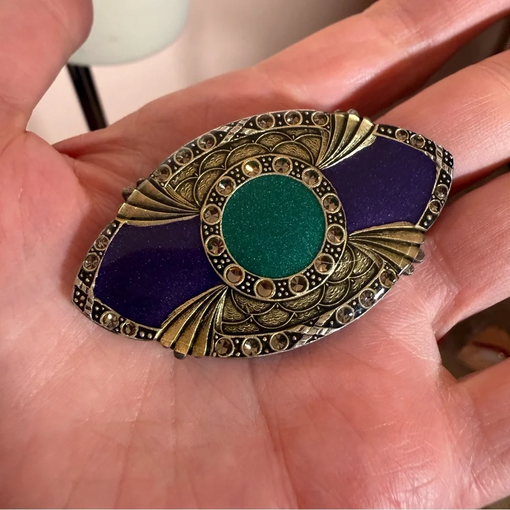 Catherine Popesco France Art deco brass purple green enameled Brooch